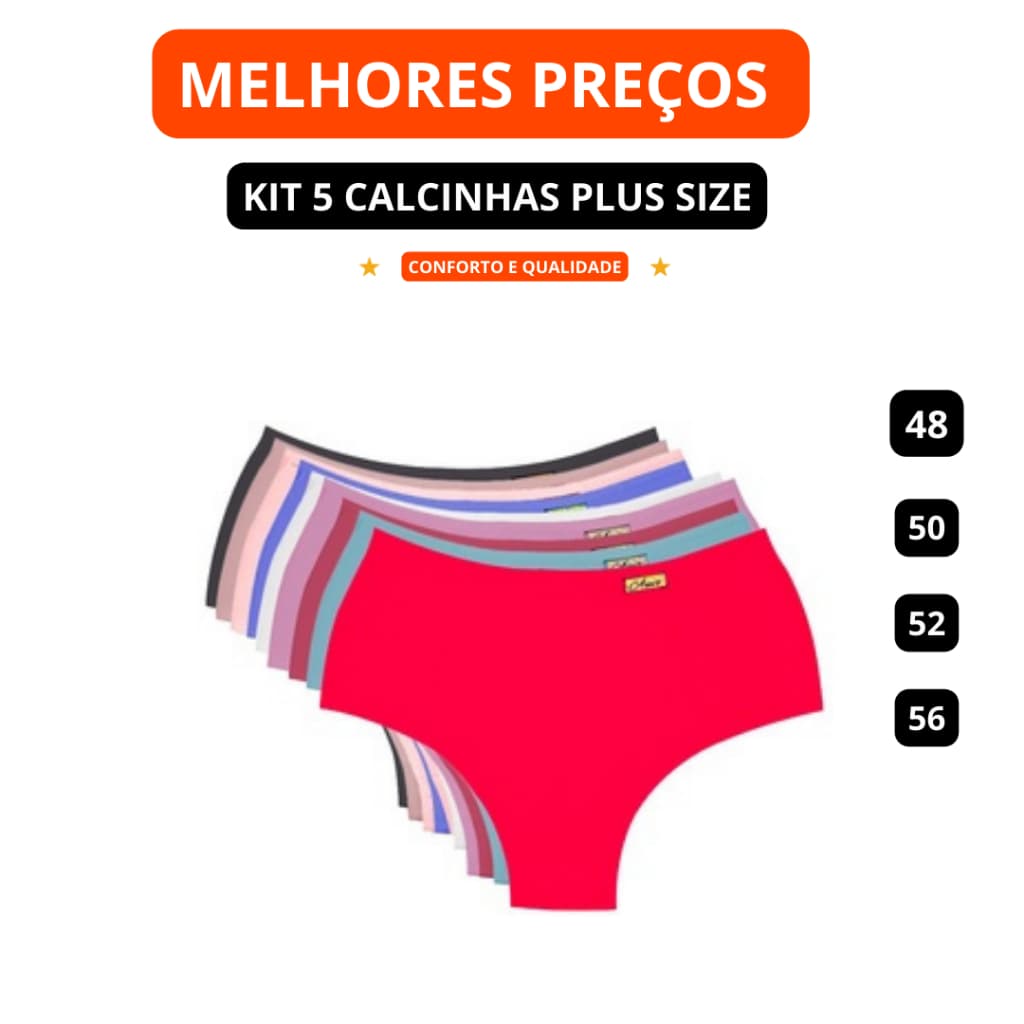 Kit 5 7 10 Calcinha Plus Size Cós Alto - Lateral Larga que Não Enrola e Modela sem Apertar