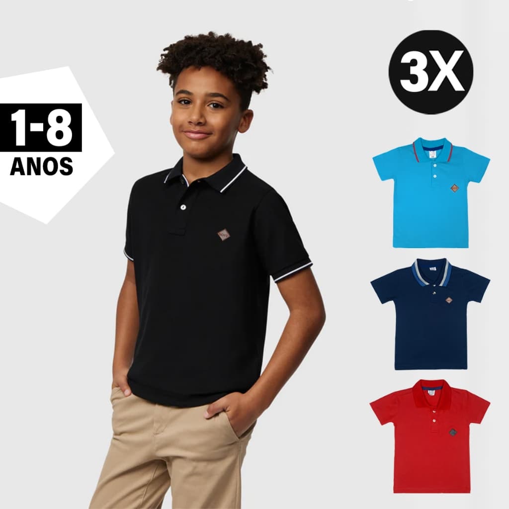 Kit 3 Camisas Gola Polo Infantil Premium Kids Camiseta Menino
