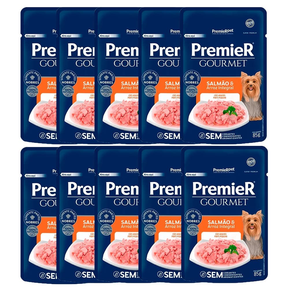 Kit 10un. Ração Úmida Premier Gourmet Sachê Cães Adultos Raças Pequenas Salmão e Arroz Integral 85g