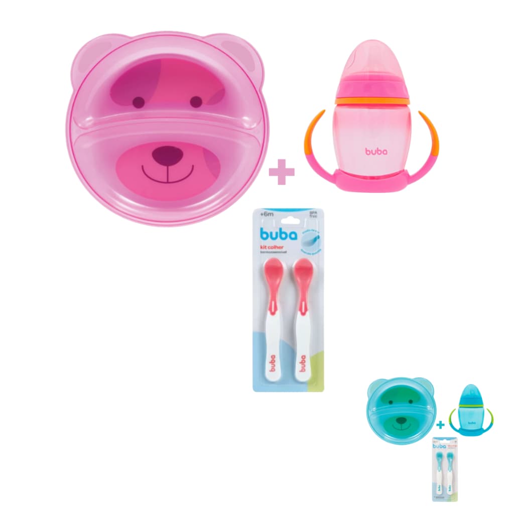 Kit Introdução Alimentação Buba Prato Bebê Divisórias Copo de Treinamento Colher de Treinamento