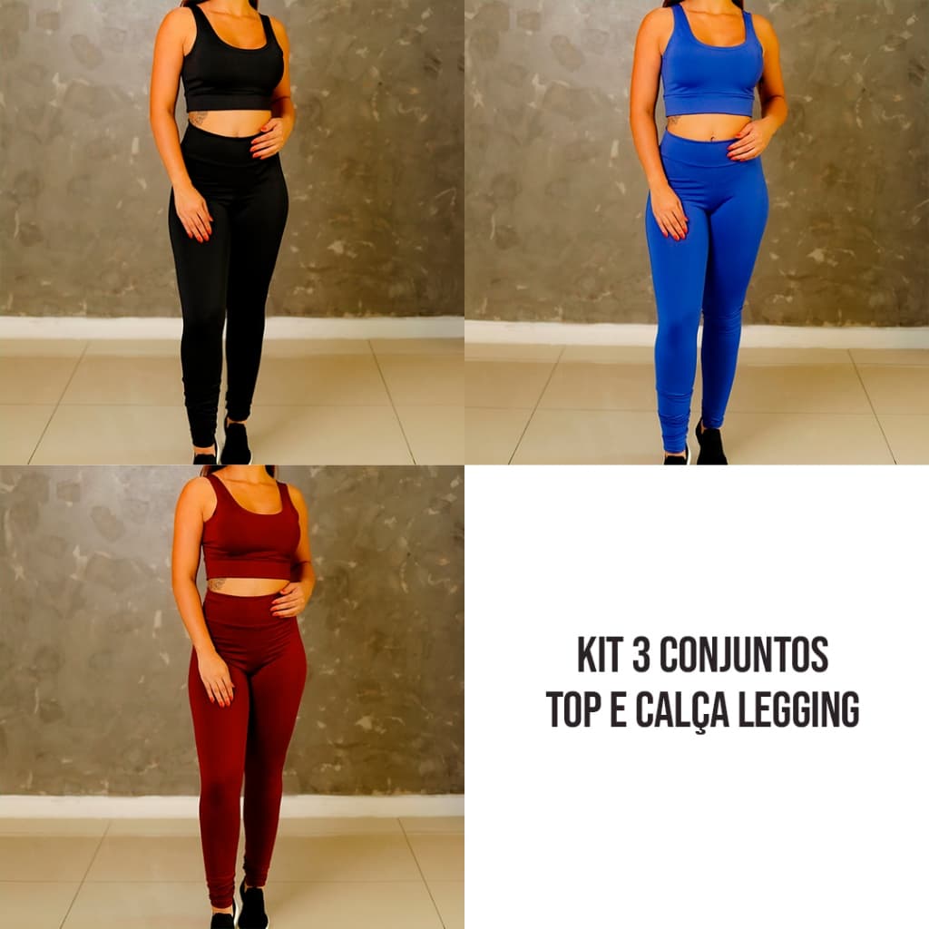 Kit 3 Conjuntos Calça Legging e Top Fitness Feminino para Academia zero transparência