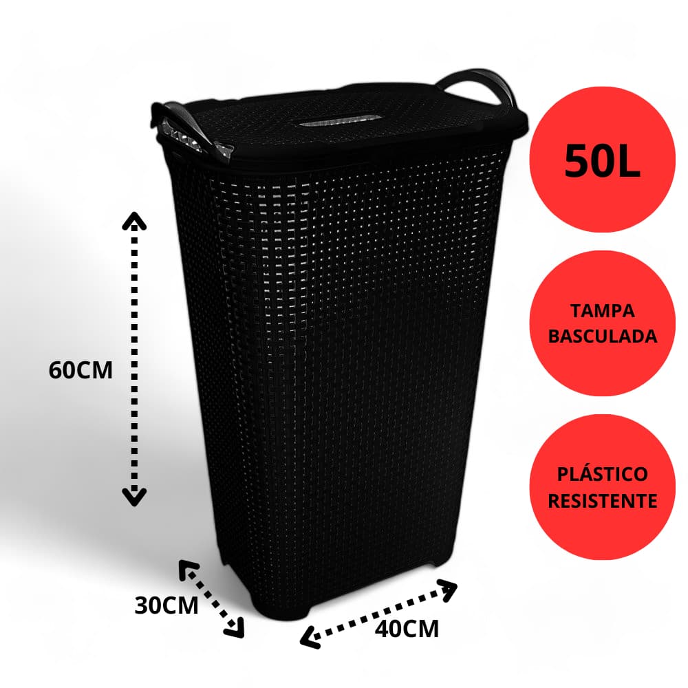 Cesto Roupa 50L Rattan Tampa Basculada Multiuso Flexível Organizador Brinquedos Lavanderia Quarto