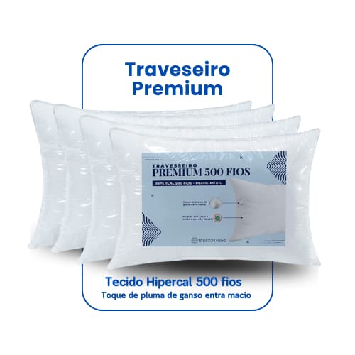 Kit 4 Travesseiro Percal 500 Fios Toque de Pluma 50cm x 70cm Hipercal Premium Pluma Sintética