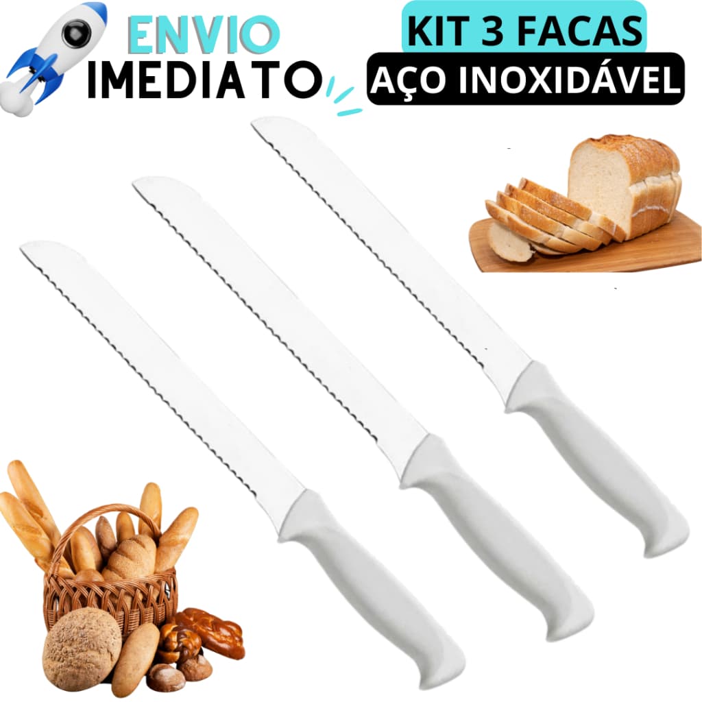 KIT 3 Facas Para Pão de Inox com Cabo de Plástico Linha Profissional 28cm Serrilhada Pão Tortas e Bolos Padarias Restaurantes Uso Doméstico