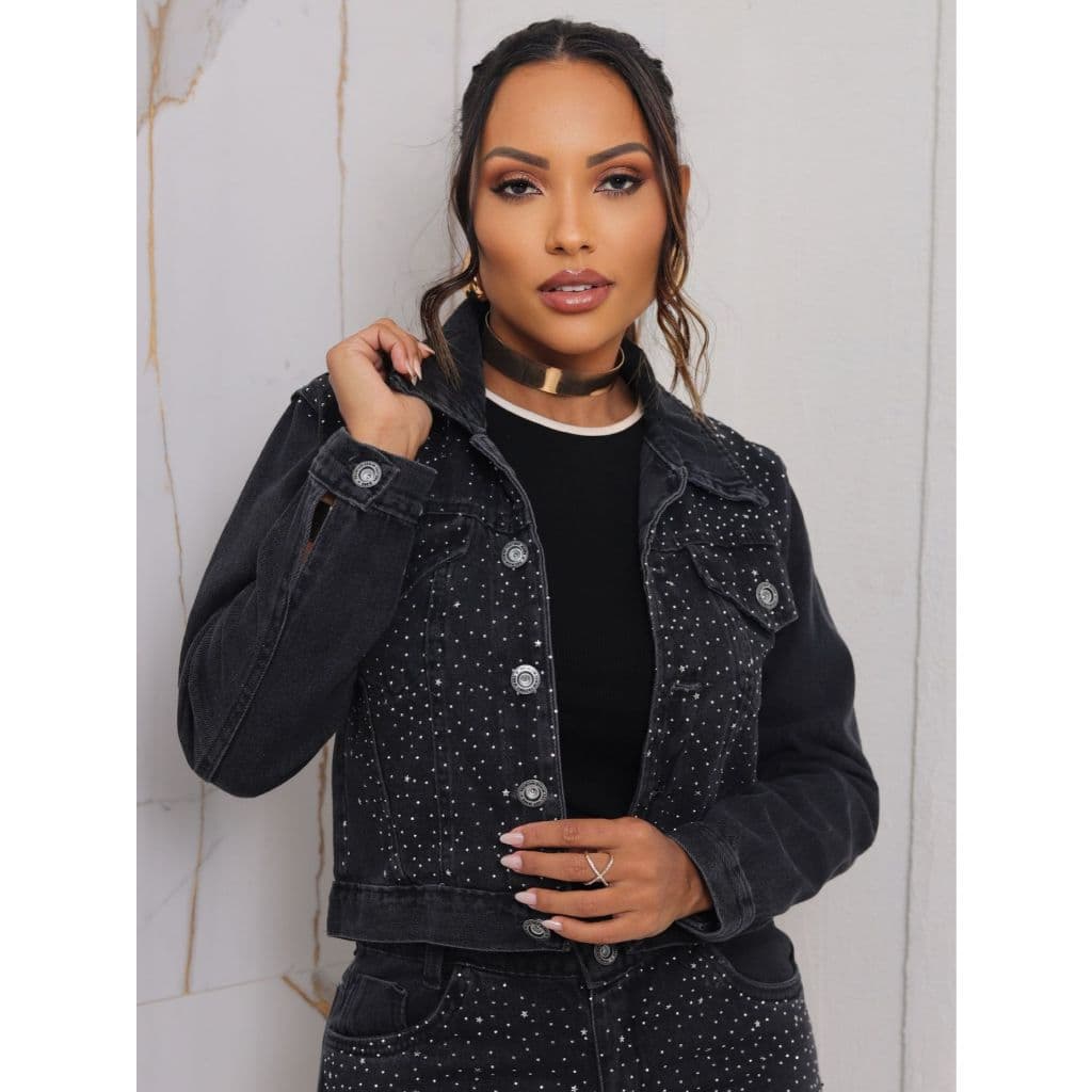 Jaqueta Jeans Feminina Preta Com Strass