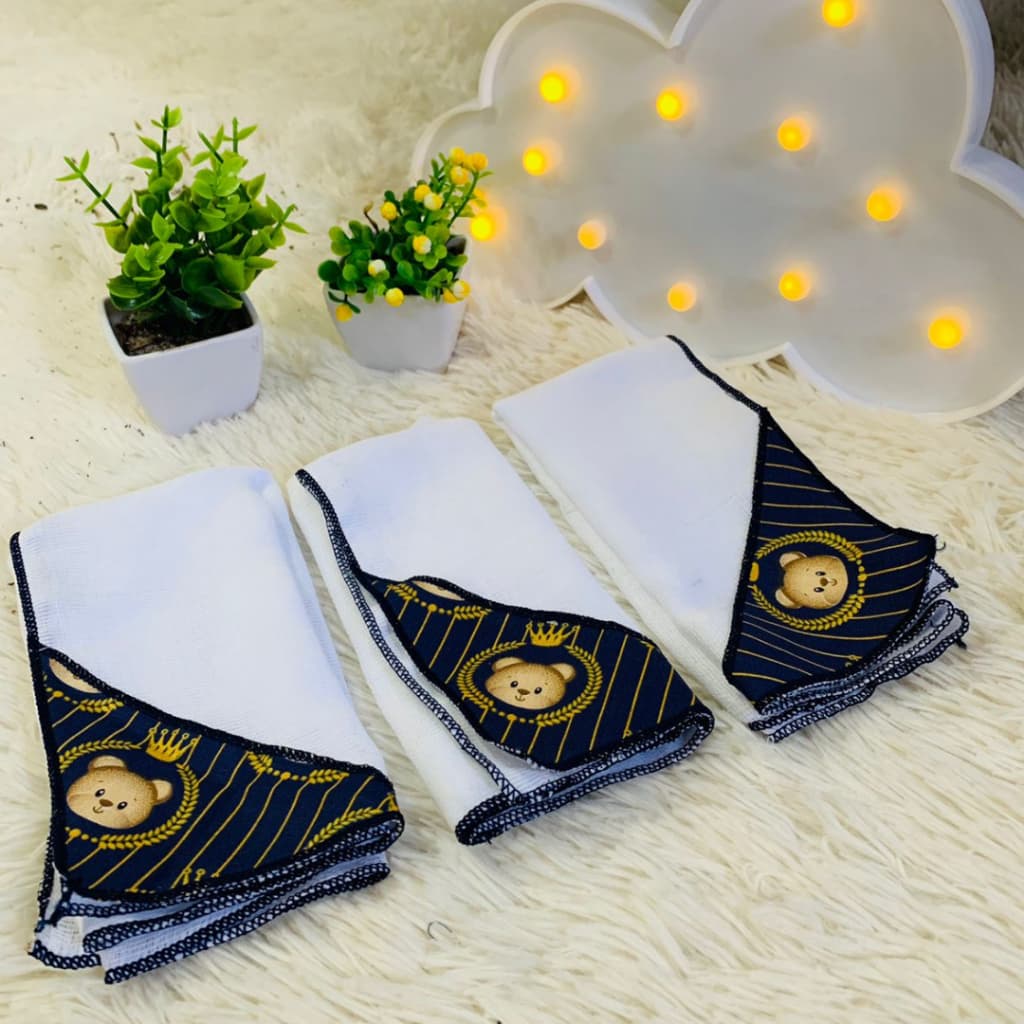 Kit Com 3 Unidades Fraldinha Pano de Boca Bebê Bordadas 100% Algodão - Menino Menina