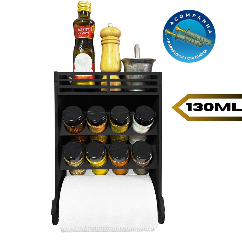 Porta Tempero de Parede MDF + 8 Potes de Plástico 130ml Tampa Dosadora Dupla P/ Temperos Especiarias