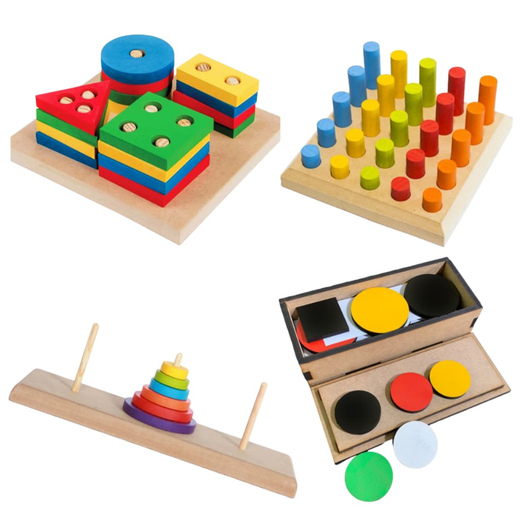 KIT 4x Brinquedos TORRE DE HANÓI + PINOS DE ENCAIXE + FORMAS GEOMÉTRICAS + TESTE TOKEN Brinquedos Educativos Pedagógicos