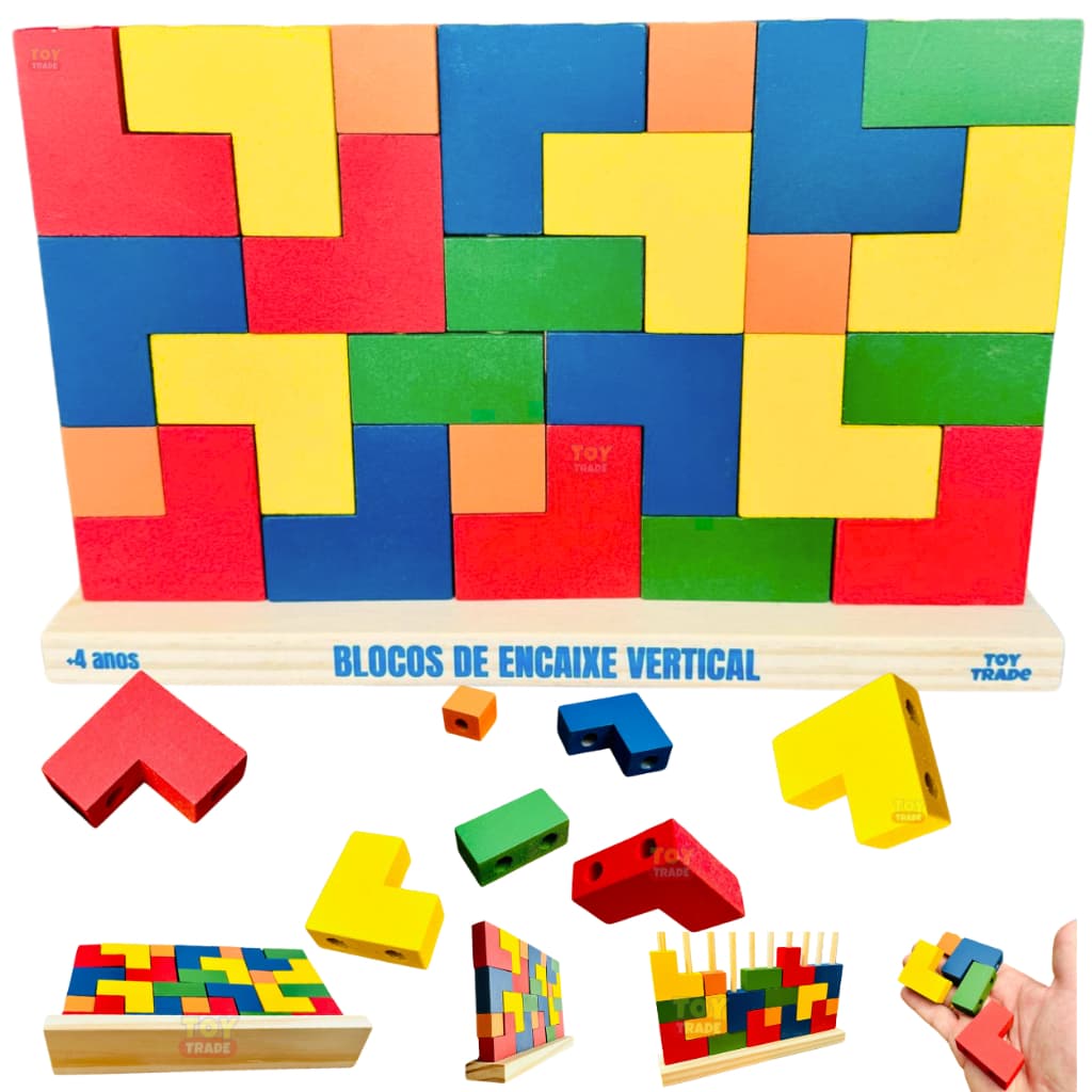 Blocos De Encaixe Vertical 25 Peças Tetris Brinquedo Educativo em Madeira Colorida Tamanho Junior