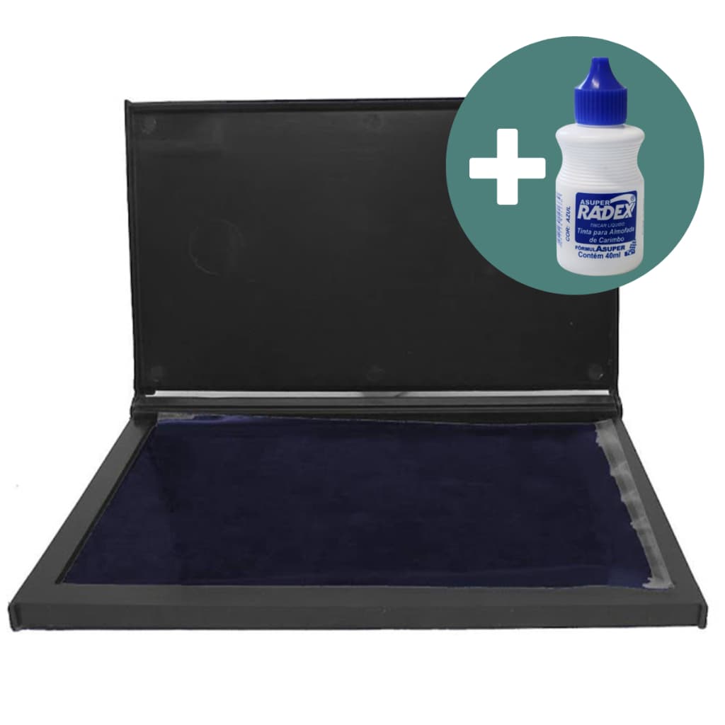 Almofada Carimbo Grande N4 Azul Com Tinta Refil Carimbeira Sacola Kraft