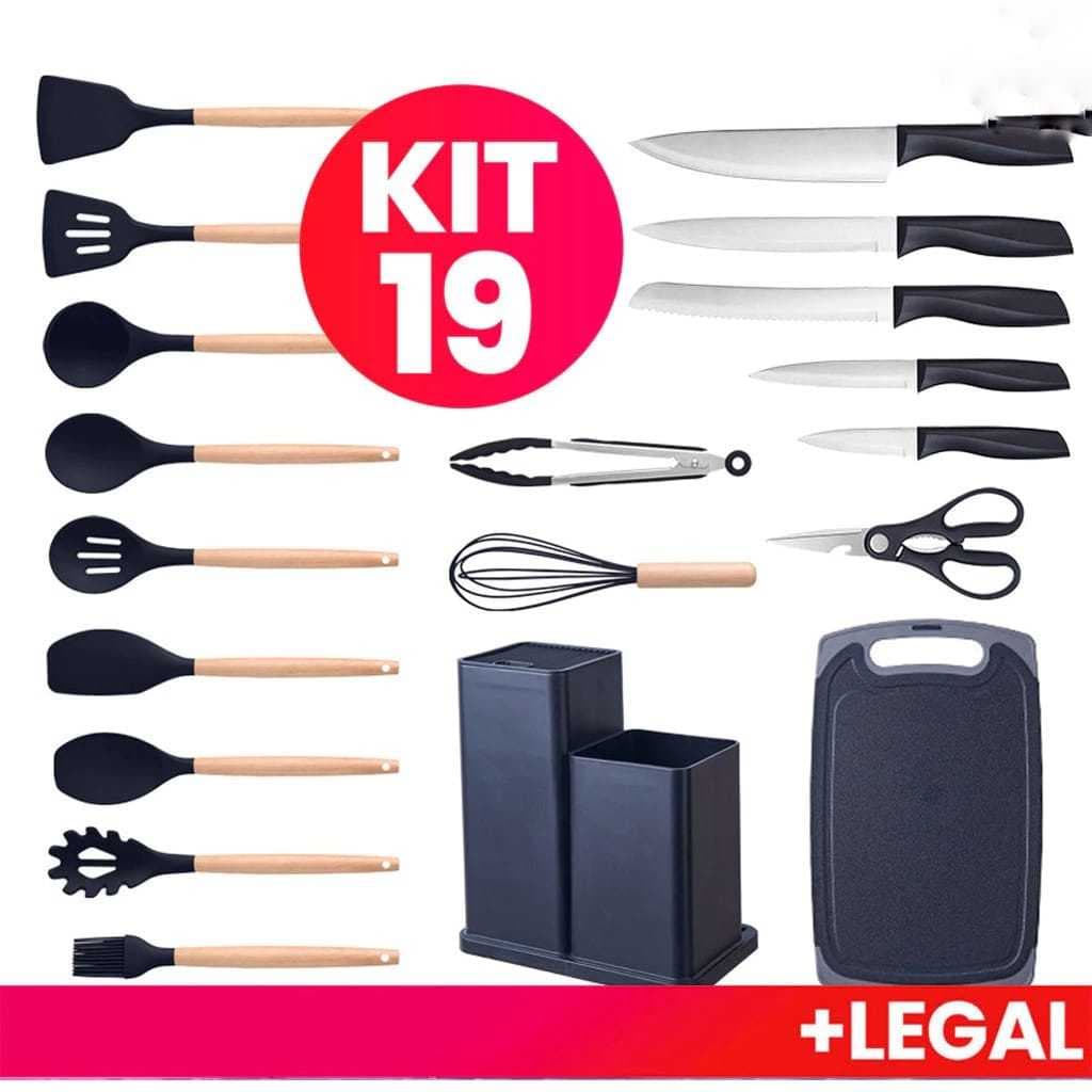 Kit Completo Jogo Utensílios de Cozinha Luxo19 Pçs Tábua Silicone Espátula Faca Tesoura profissional