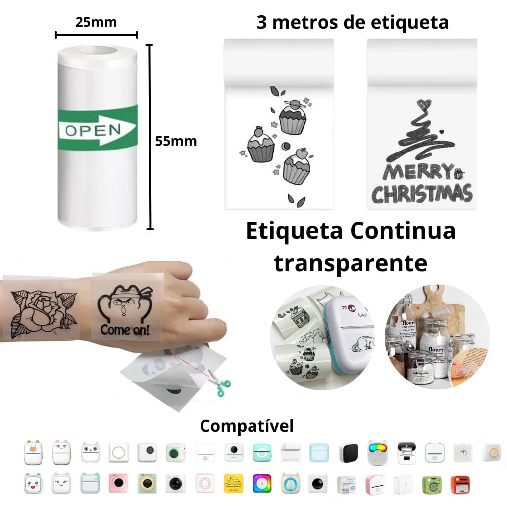Etiqueta Térmica Adesiva 55x25mm 3 Metros Transparente  Para Mini Impressora Portátil e a Prova De Água Bobina Contínua