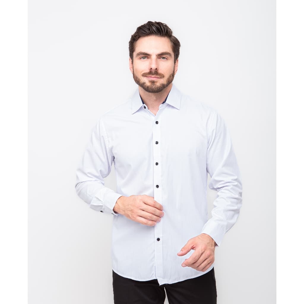 Camisa Social Masculina Manga Comprida Slim Branco Botao Redondo