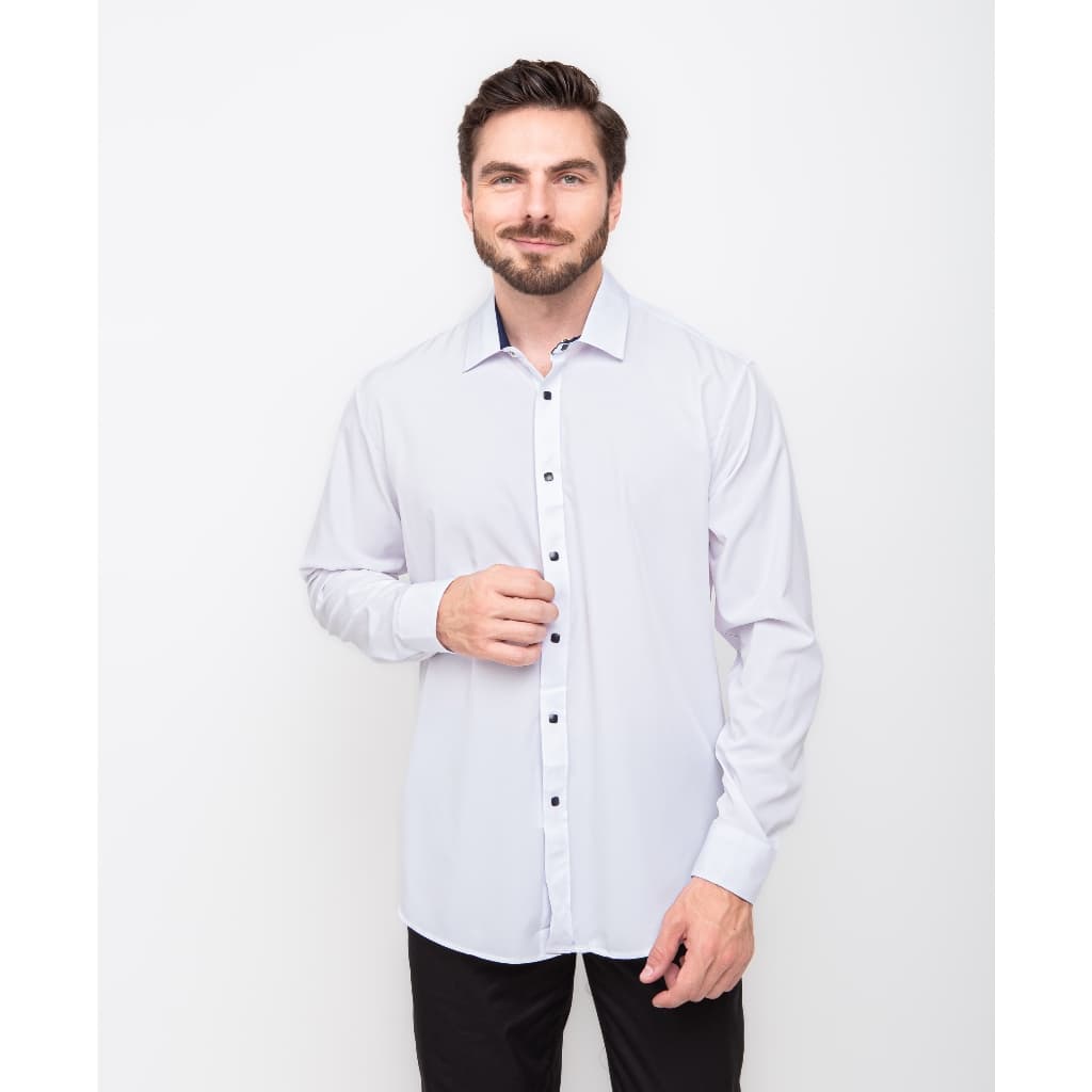Camisa Social Masculina Manga Comprida Slim Branco Botao Aperta