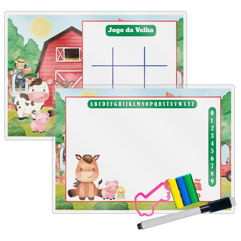Lousa Mágica + Caneta Com Apagador Personalizada Lembrancinha Festa Infantil Fazendinha Menino