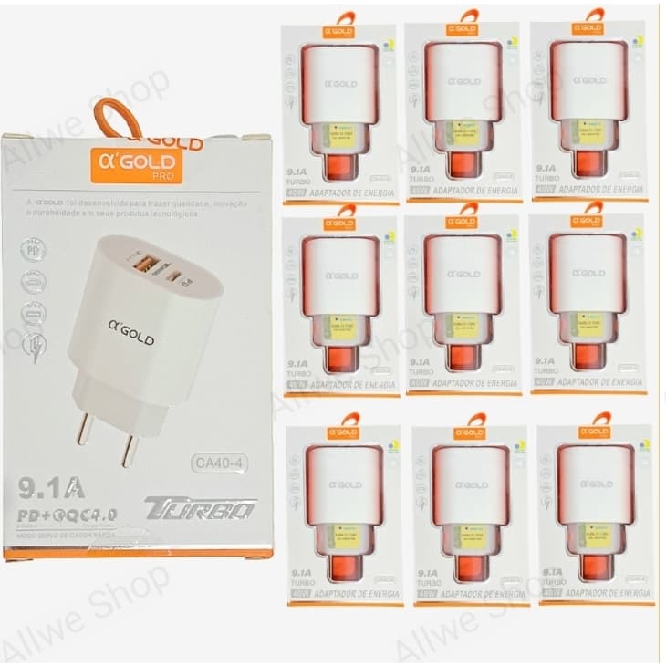 Kit 10 Carregador USB-C+USB  9.1A  PD+QC4.0  Turbo 40W a`GOLD