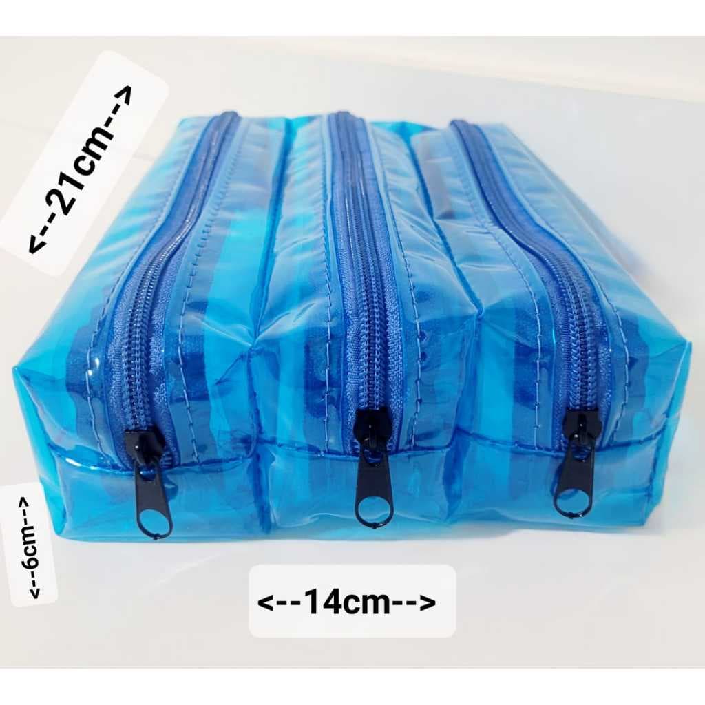 ESTOJO TRANSPARENTE 3 REPARTIÇOES CRISTAL AZUL ESCOLAR E OUTROS