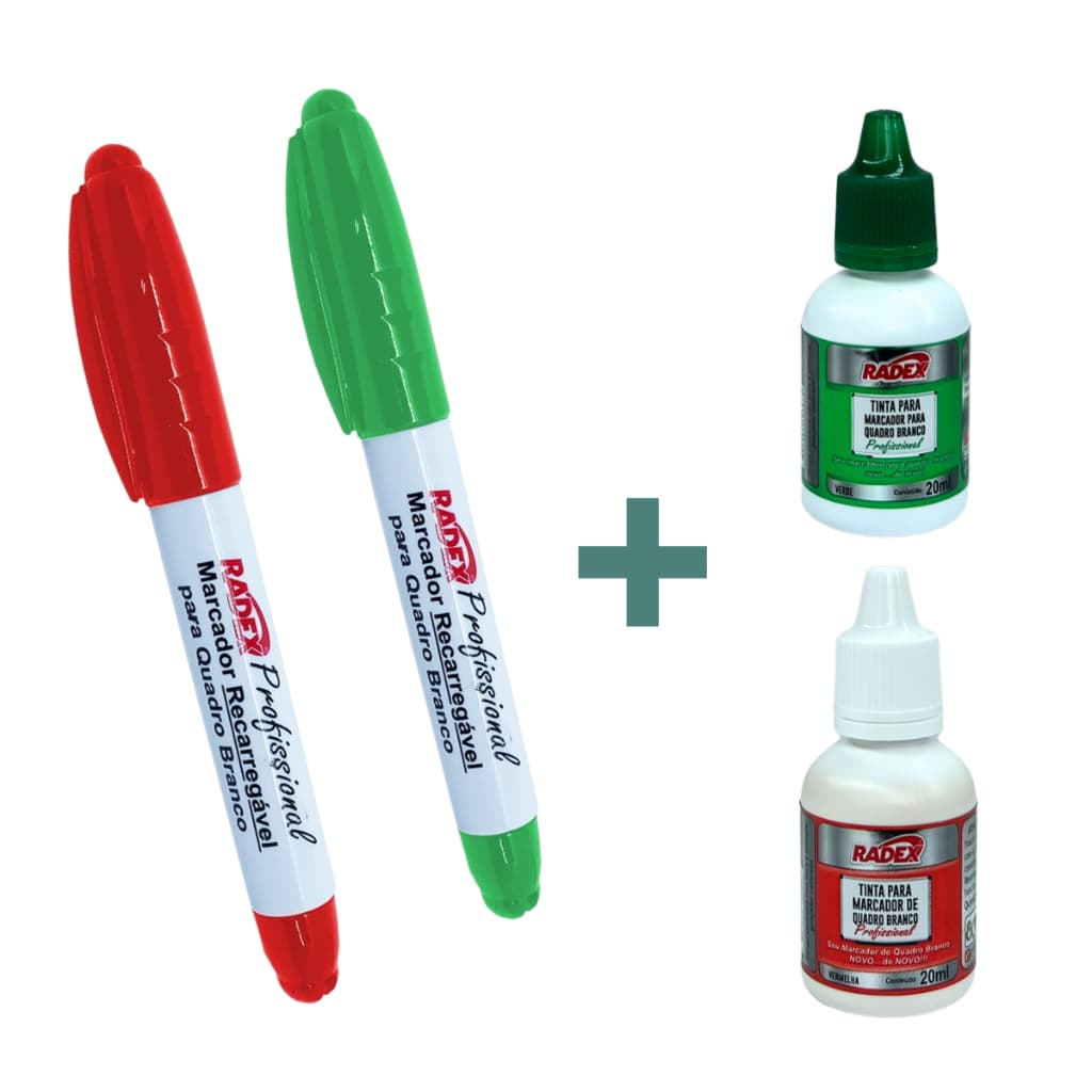 Kit 2 Marcador Quadro Branco Recarregável + 2 Tinta Refil (Vermelho e Verde)