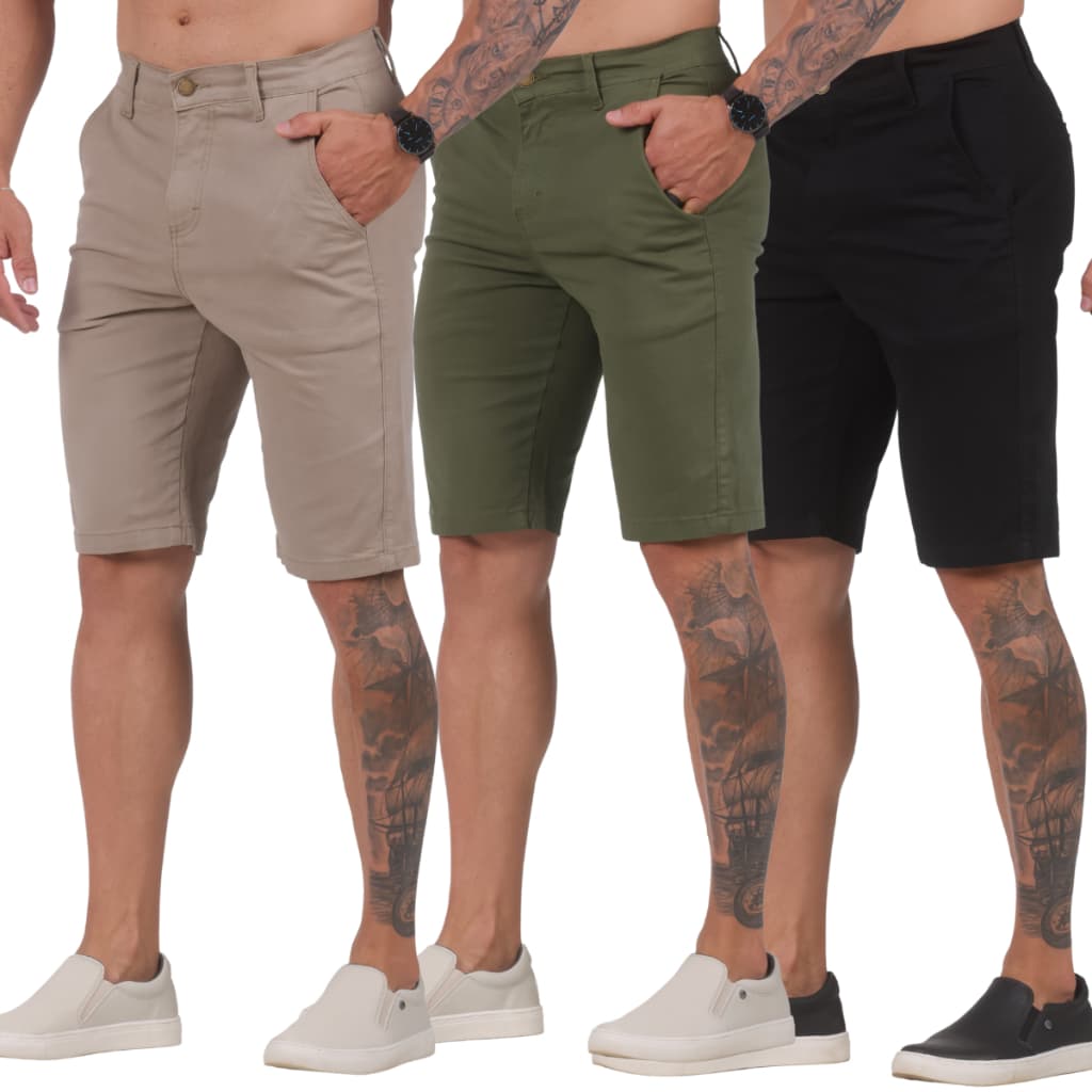 Kit 3 Bermudas Sarja Brim, BOLSO EMBUTIDO, Sport Fino Lycra Elastano