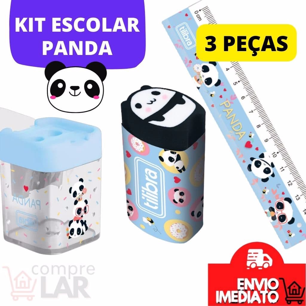 Kit Escolar Panda Tilibra Apontador Régua Borracha Com Tema Infantil