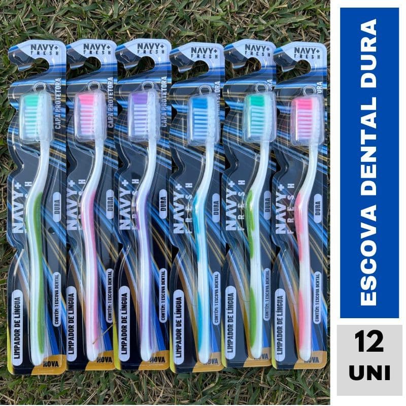 Kit Pacote Com 12 Escovas Dental Dura Adulto Com Capa Protetora e Limpador De Lingua