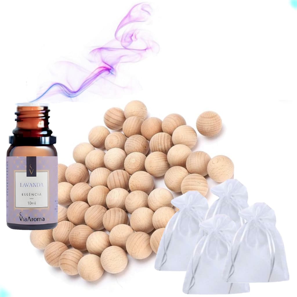 Bola Anti Mofo Traça 50 Un. + 1 Essência Lavanda Via Aroma + 10 Saquinhos Organza