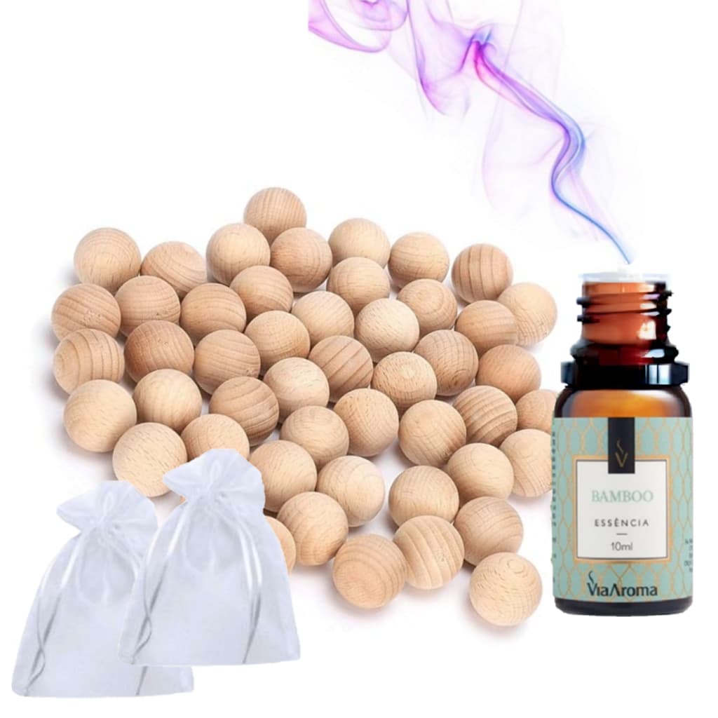 Bola Anti Mofo Traça 50 Un. + 1 Essência Bamboo Via Aroma + 10 Saquinhos Organza