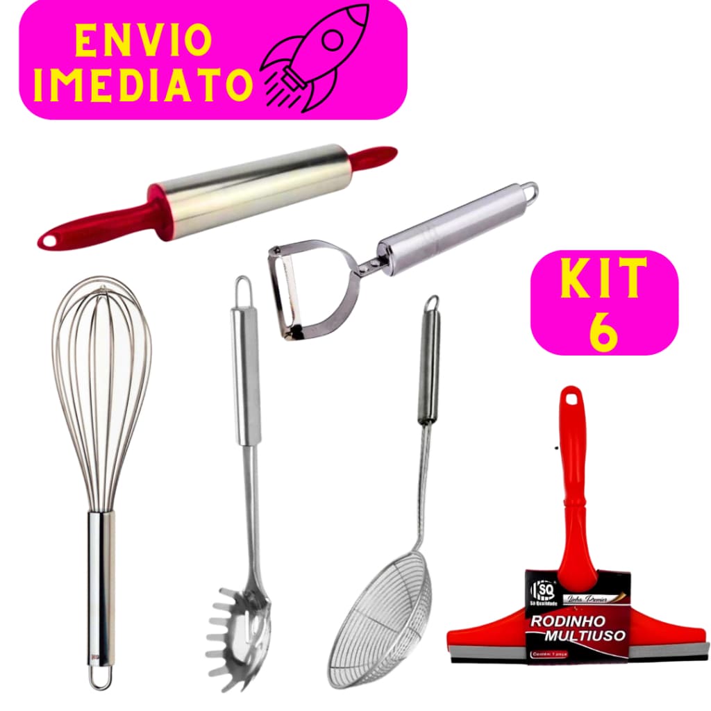 Kit Utensílios De Cozinha 6 Peças 100% Aço Inox Rolo Descascador Fouet Colher de Massa Escumadeira