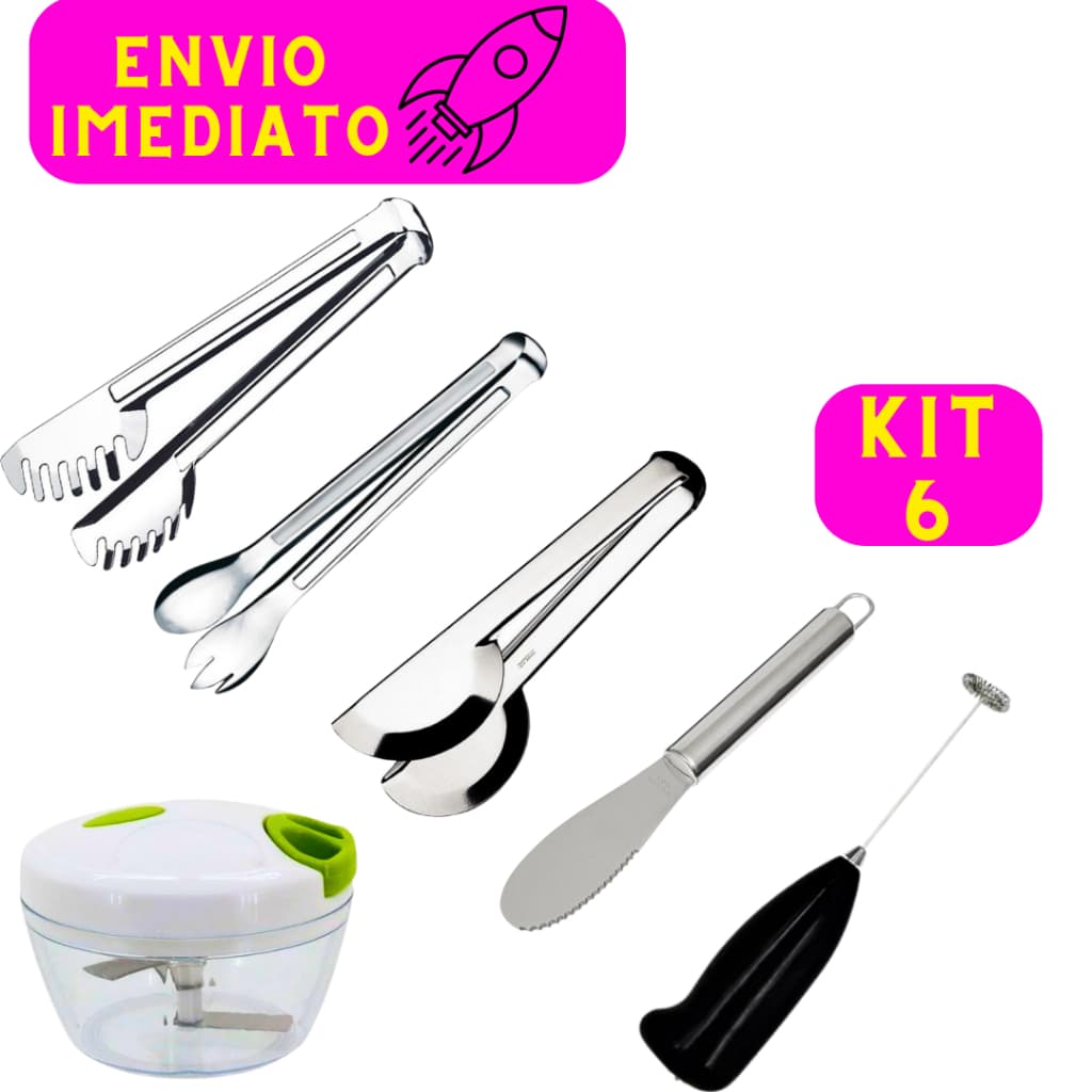 Kit 6 Utensílios de Cozinha Pegadores Inox Massa, Salada, Universal + Espátula Manteiga + Mixer
