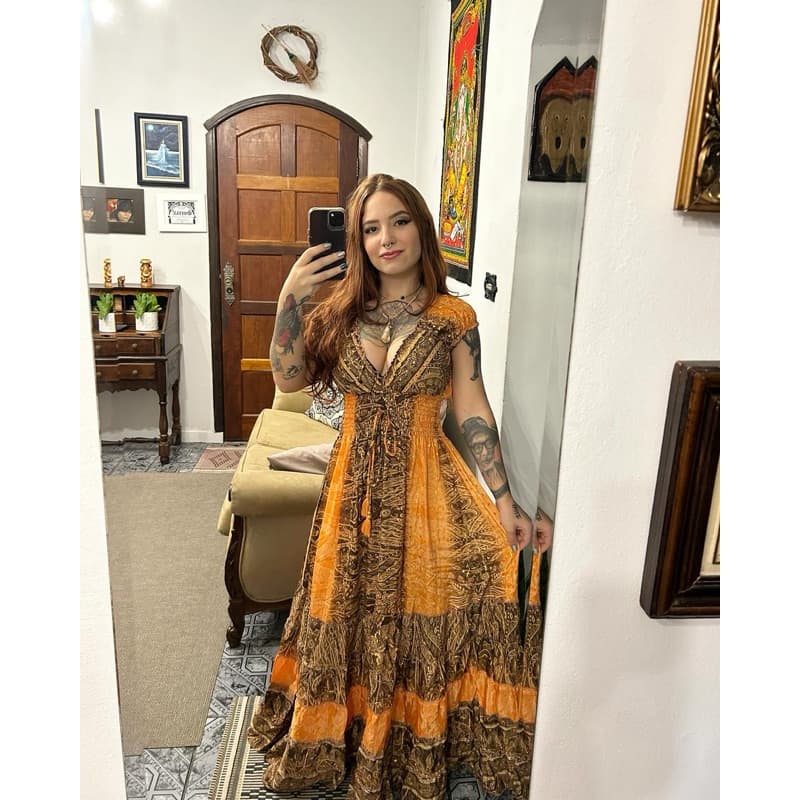 Vestido Boho Indiano Seda Princesa Longo