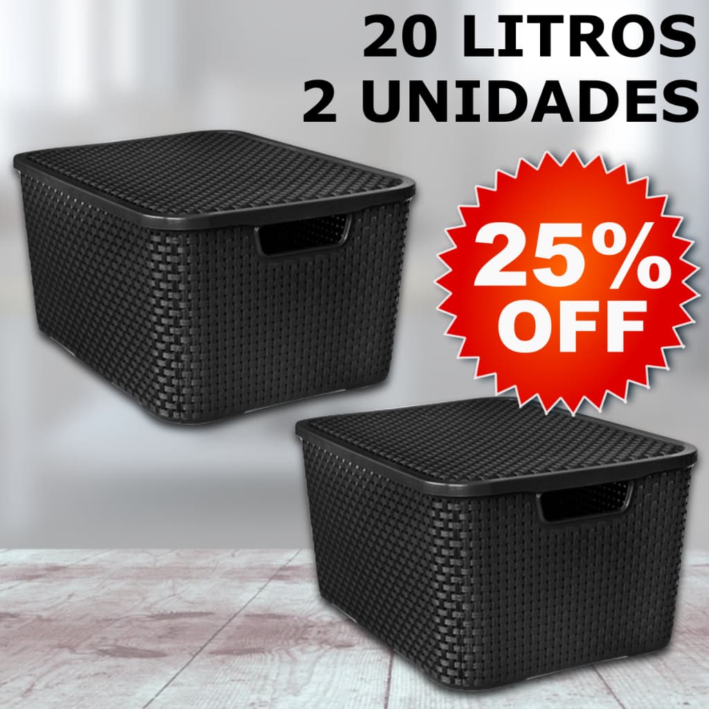 Kit 2 Caixa / Cesta Organizadora Grande 20 Litros Empilhavel Rattan Preta - Cesto Organizador 20L Guardar Coisas Brinque
