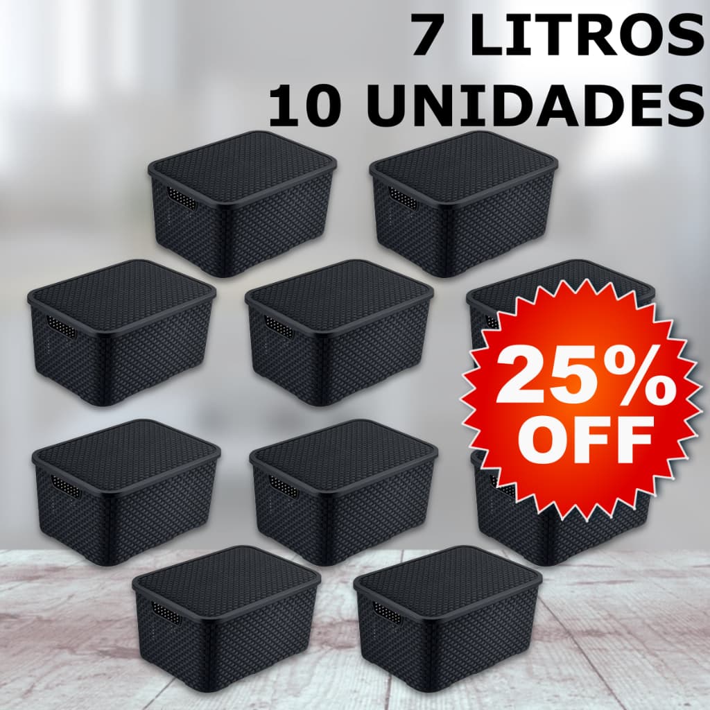 Kit 10 Caixa / Cesta Organizadora Pequena 7 Litros Empilhavel Rattan Preta Com Tampa - Cesto Organizador 7L