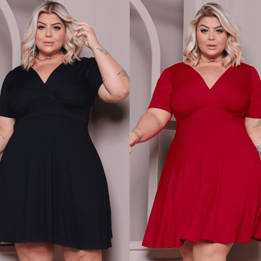 Vestido Gola V Pluz Size Princesa Leve Transpassado Igreja Com Manguinha