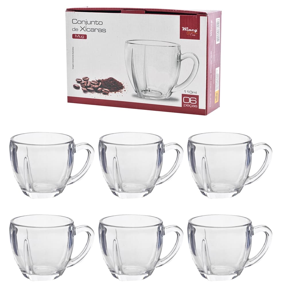 JOGO DE XICARA DE VIDRO PARA CAFE MUG COM 6 PECAS 110ML