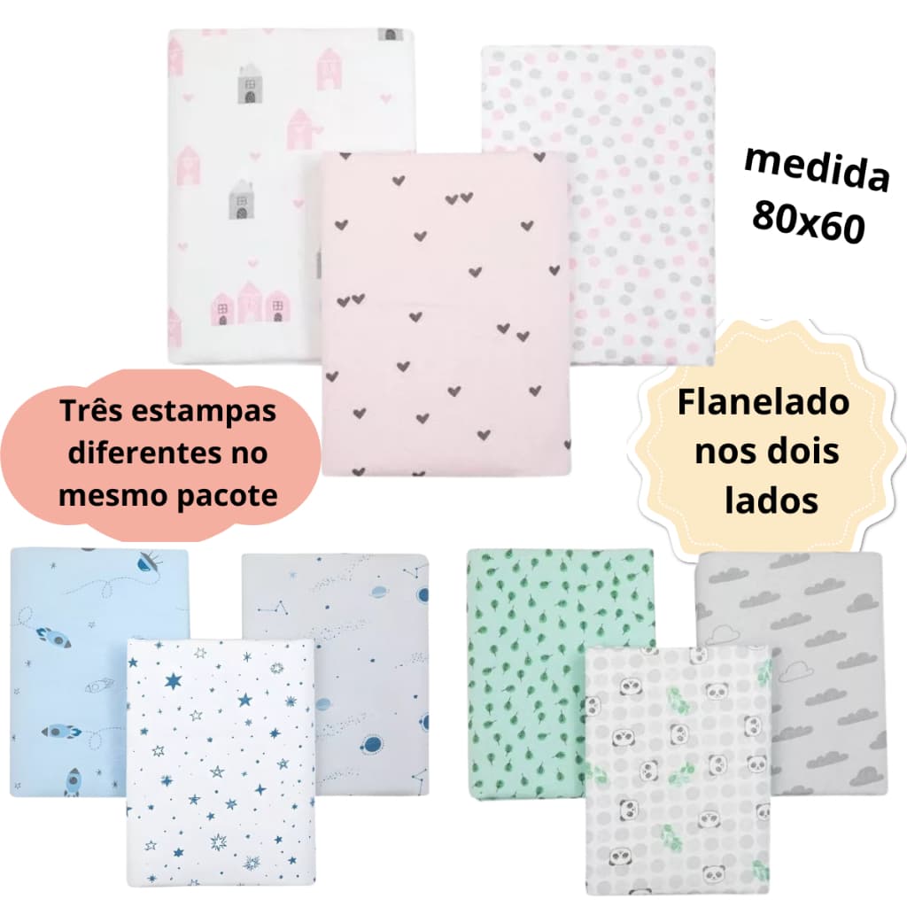 Cueiro FLanelado Manta Bebe Estampado 80x60cm Menino Menina Papi 3 unidades Algodão