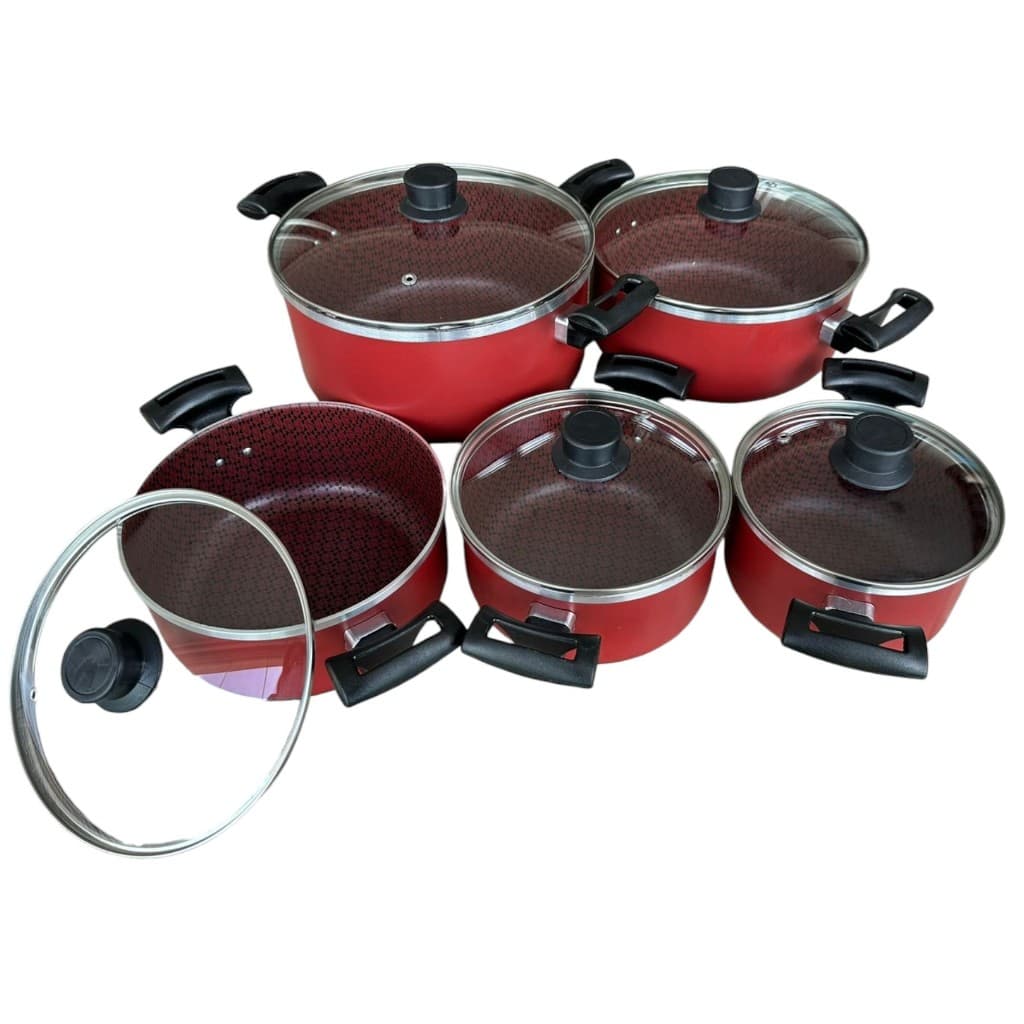 Jogo de Panela Antiaderente 2mm Desenhado Enjoy Tampa de Vidro Conjunto 05 Pcs Caçarola Vermelha