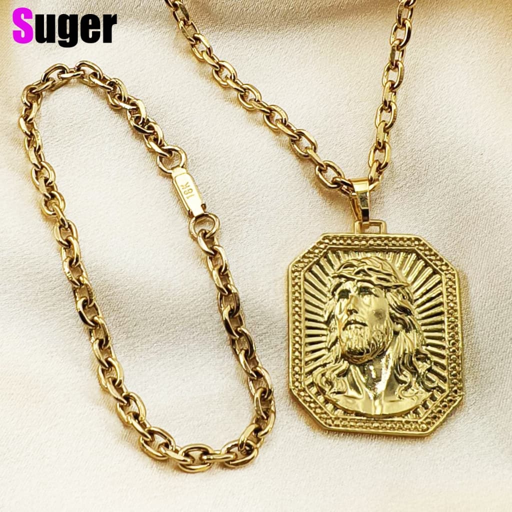 kit conjunto colar e pulseira Masculina Banhada a Ouro Cordão 60/70 cm com Pingente de Jesus Cristo