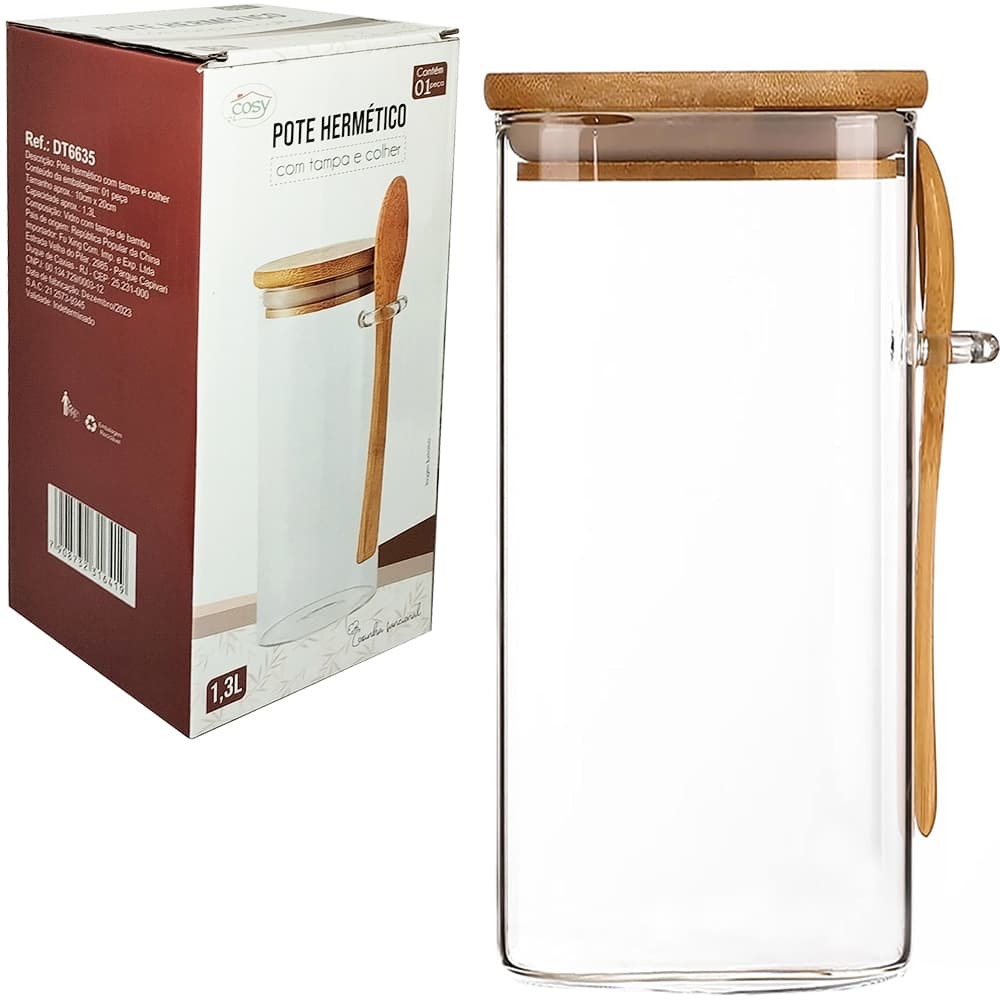 POTE DE VIDRO LISO REDONDO COM ALCA + COLHER E TAMPA HERMETICA MADEIRA / BAMBU 1,3L