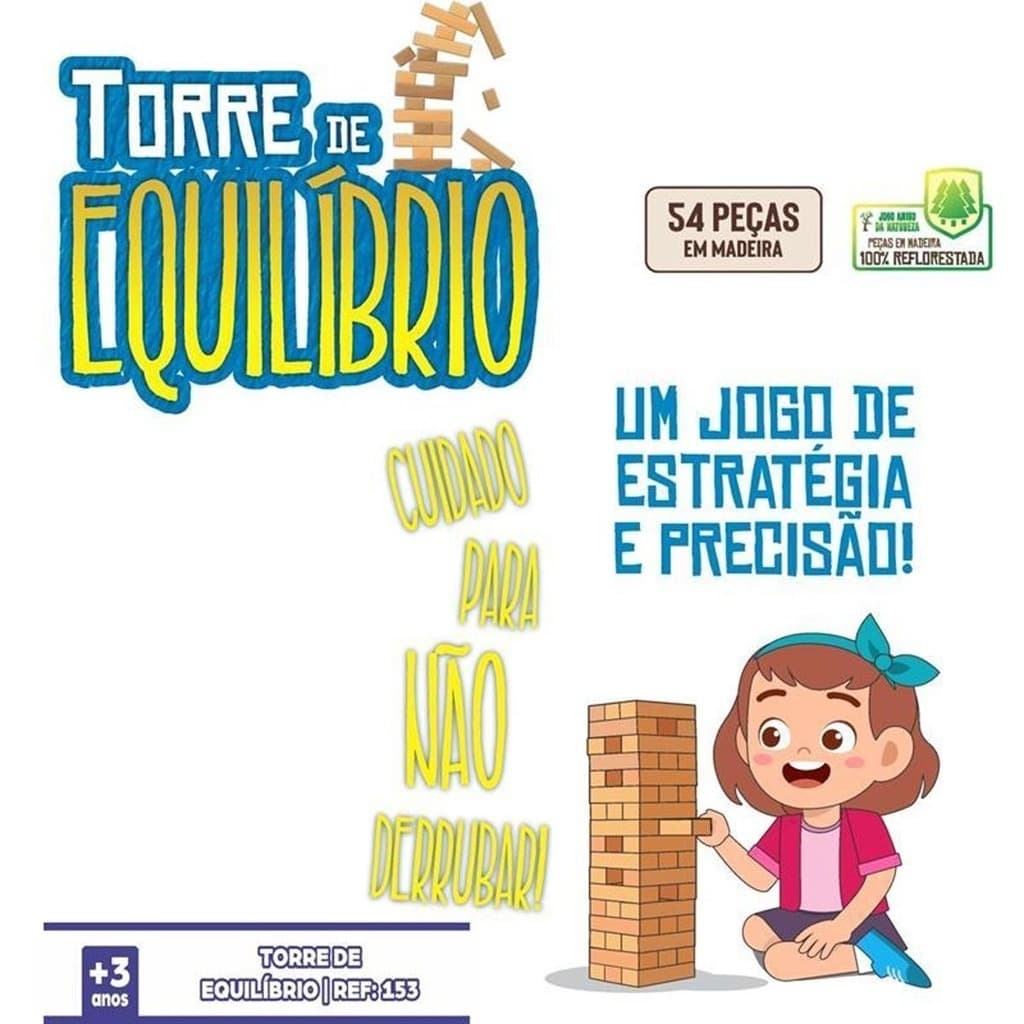 Brinquedo Pedagógico de Madeira: Torre de Equilíbrio com 54 peças da marca Aquarela Brinquedos - Estímulo ao desenvolvimento cognitivo  Ref: 153