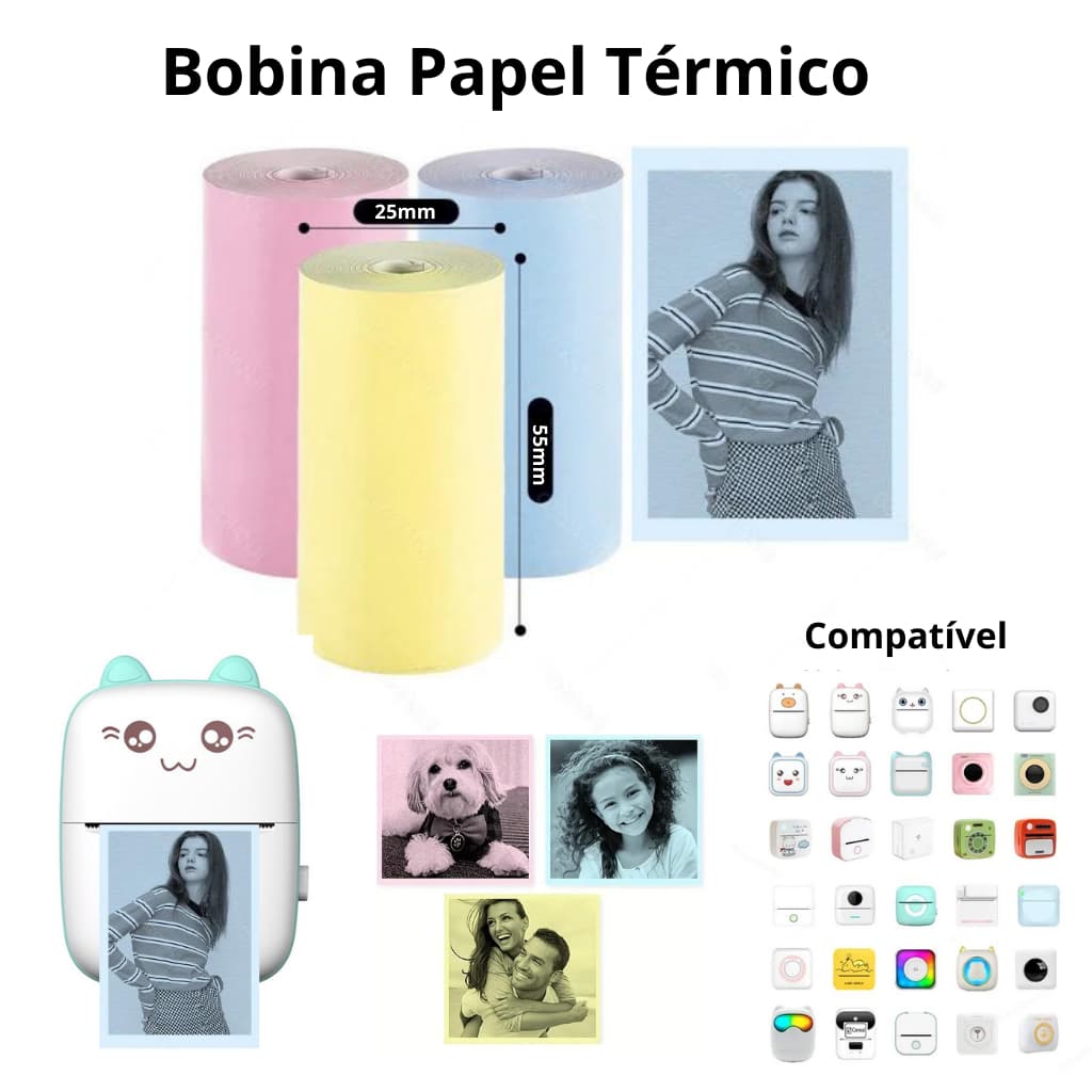 Bobina Rolo De Papel 55*25mm Colorido Mini Impressora Portátil a Prova De Água Impressão De Fotos Agenda Notas Jornal Fotográfico Recibo