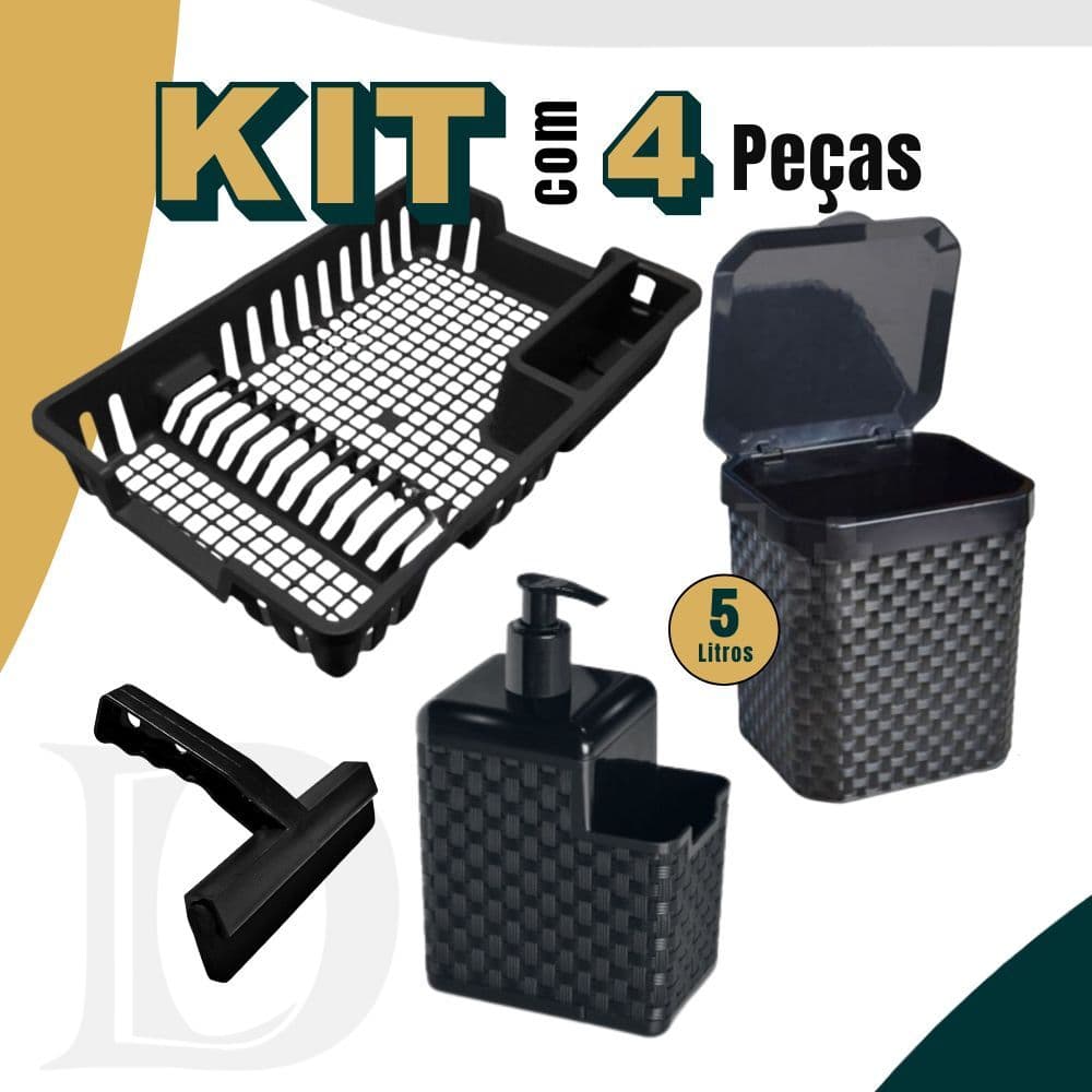 Kit Lixeira 5 Litros + Porta Detergente + Rodinho de Pia + Escorredor Louça Cozinha Multiuso