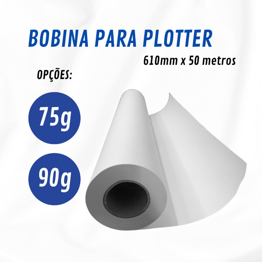 Bobina Sulfite Plotter 75g Ou 90g - 610mm X 50 Metros Branca 1 ou 2 Unidades