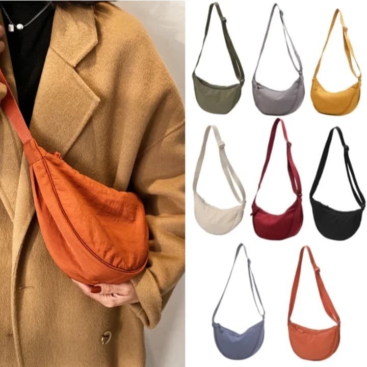 Bolsa Feminina Masculina Meia Lua Baguete Transversal Crossbody Pano Nylon Média C Fechamento em Zíper Alçs Ajustavel