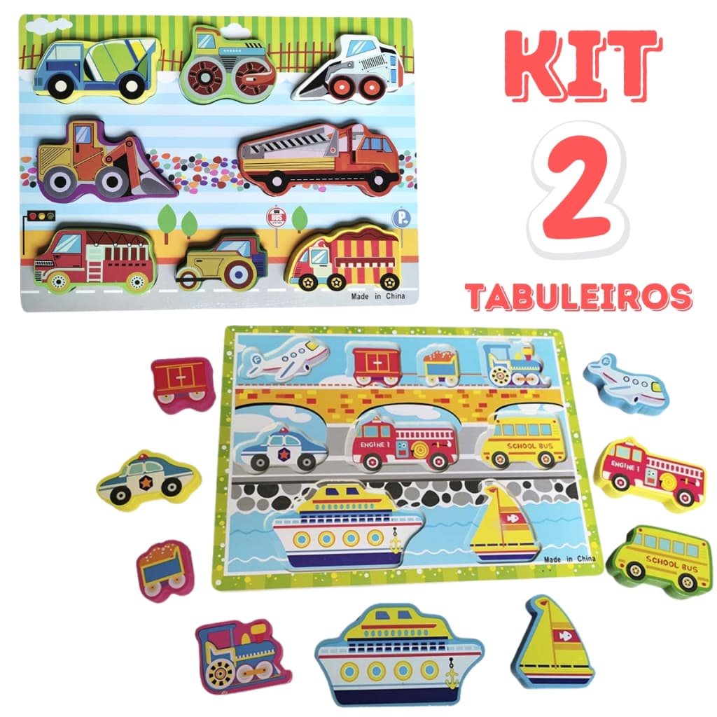 Kit 02 Tabuleiro Madeira Brinquedo Educativo Infantil Pedagógico Didático Lúdico Veículos Carros