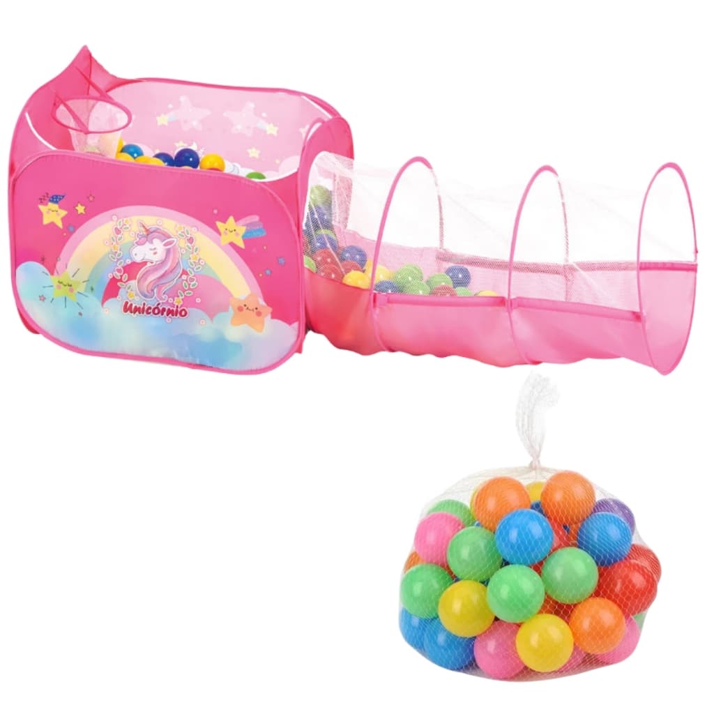 Piscina de Bolinhas Infantil  Grande + 30 Bolinhas com Túnel Bebê Criança 2x1 Unicórnio Dobrável