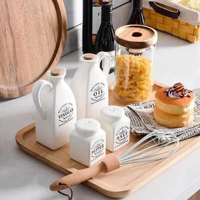 Kit Jogo Saleiro+ Pimenteiro+ Galheteiro Porta Óleo Vinagre De Porcelana Branco Com Tampa