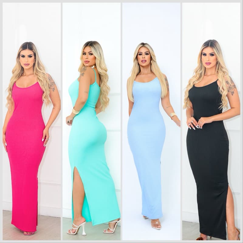 Vestido Canelado longo com fenda justo Midi preto alcinha pink rosa