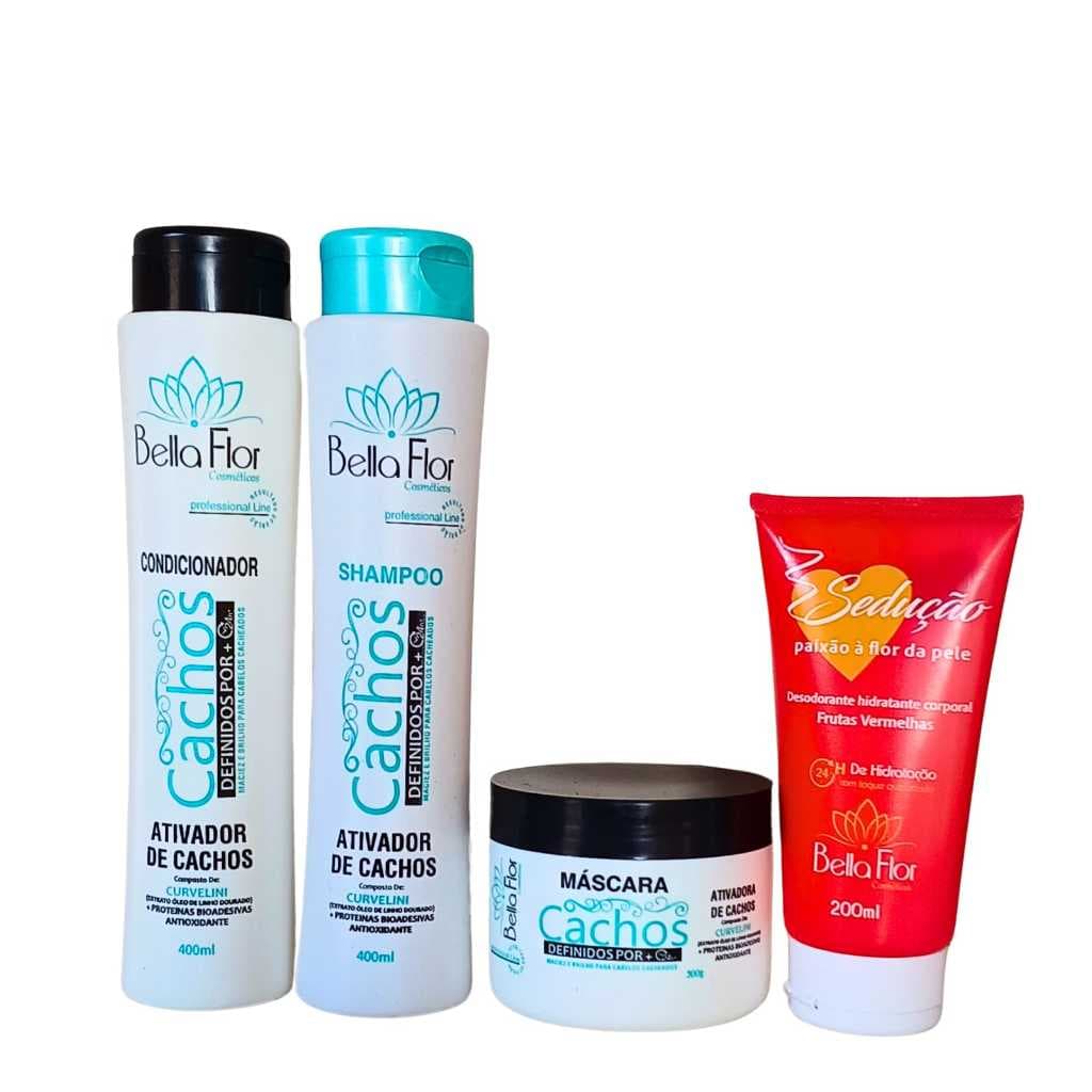 Kit Cachos + Hidratante Corporal Sedução 4 Produtos Bella Flor Definição Hidratação Anti-Frizz