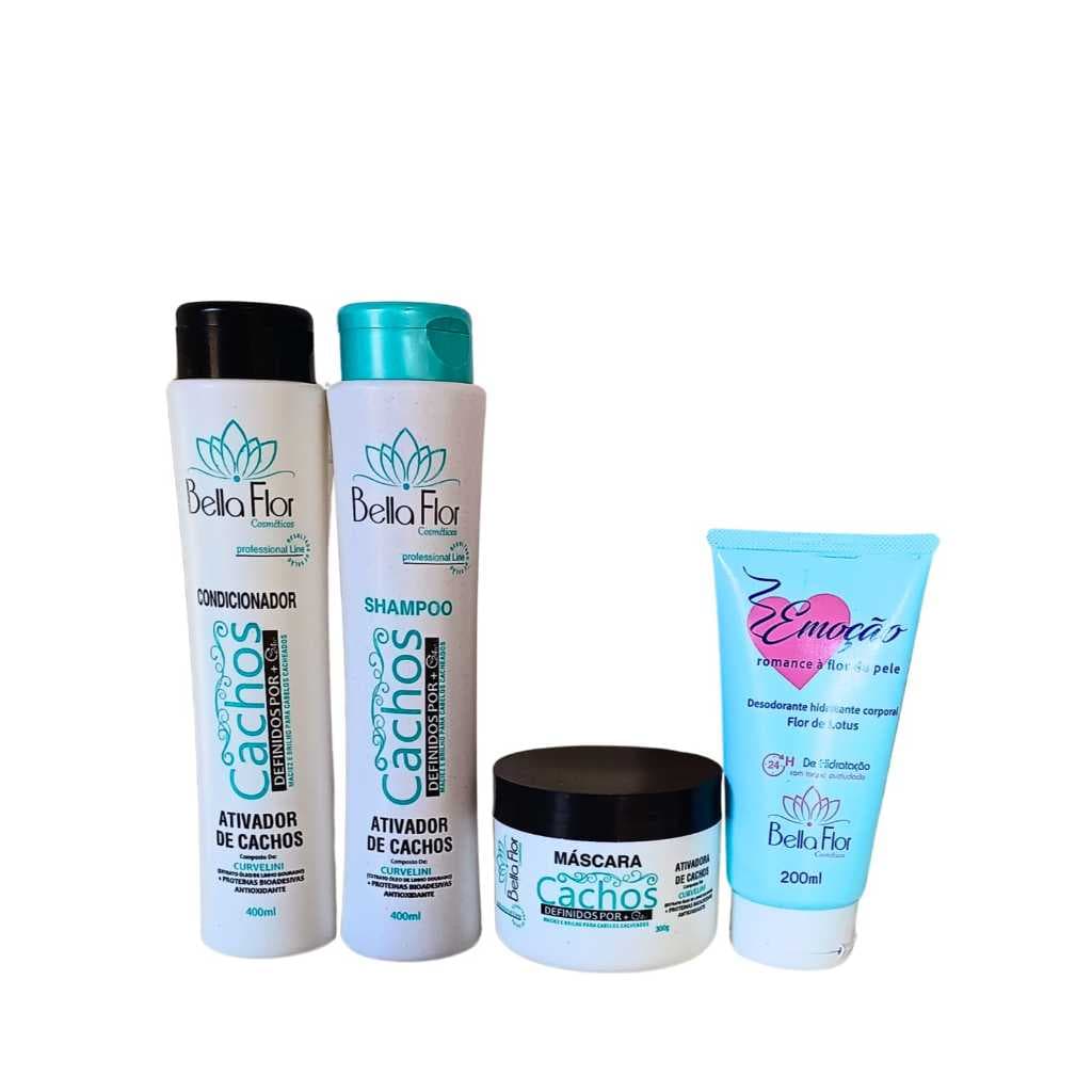 Kit Cachos + Hidratante Corporal Emoção 4 Produtos Bella Flor Definição Hidratação Anti-Frizz