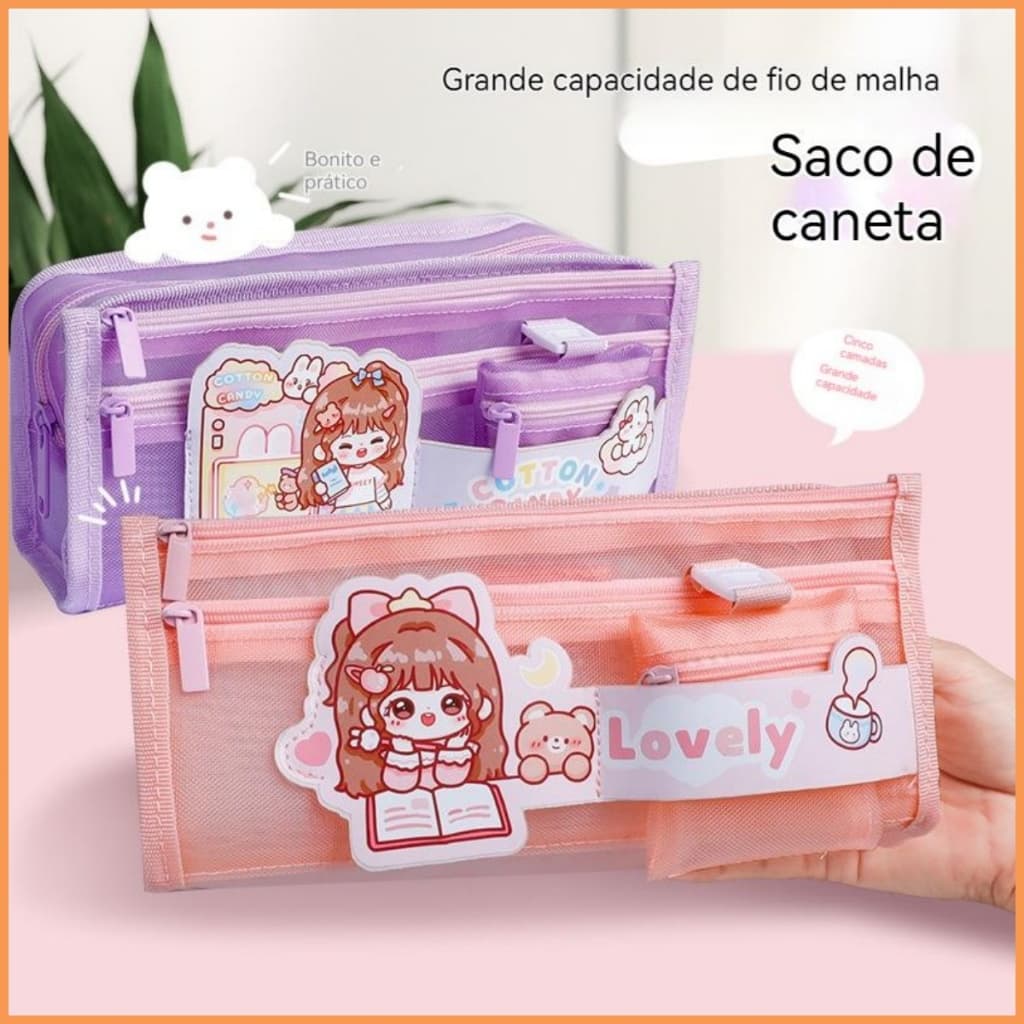 Estojo de desenho animado de grande capacidade, multifuncional, estojo, estudante